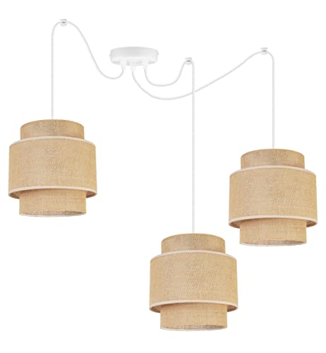 Light-Home Boho Hängelampe - Rattan Lampe - Deckenlampe für Wohnzimmer Schlafzimmer und Esszimmer - Pendelleuchte aus Metall mit Lampenschirm aus Stoff - E27-3-Flammig - Weiß Basis und Jute von Light Home LH