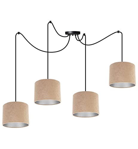 Light-Home Milan Spider Hängelampe - Hängeleuchte in Spinnenform - Deckenlampe – Spinne Lampe mit 4 Kopf - Hängeleuchte aus Metall und Stoff - E27 - Beige und Silber von Light Home LH