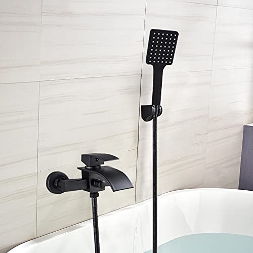 Lightakai Badewannenarmatur Duschset Bad Wasserhahn mit Handbrause Schwarz Wandhalterung Matt Wasserfall Duscharmatur von Lightakai