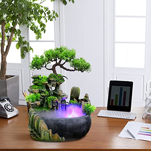 Zimmerbrunnen mit LED Beleuchtung,Lightakai Grüne Pflanze Brunnen Zimmerbrunnen Steingarten Tischbrunnen Harz Desktop Brunnen Innen Wasserfall Geschenk Dekoration für Zen Meditation Home Office von Lightakai