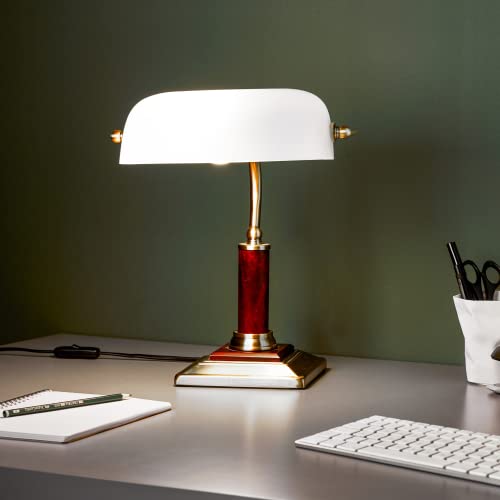 Lightbox stilvolle Bankerlampe - Schreibtischlampe mit schwenkbarem Kopf und Schalter - Glas/Metall/Holz - 34cm Höhe von Lightbox