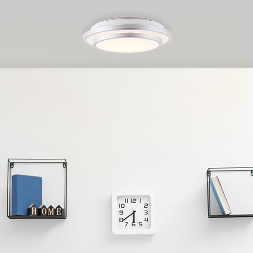 Lightbox LED Wand- & Deckenlampe mit hellgrauem Rahmen & warmweißer Lichtfarbe (3000 K) - Ø 28 cm - zeitlose Deckenleuchte - 12 W - 1200 lm - aus Metall/Kunststoff - in Aluminiumfarben/Weiß von Lightbox