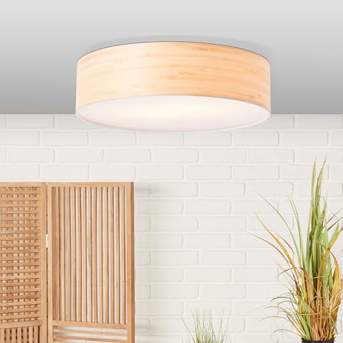 Lightbox dimmbare Deckenlampe im Nature Stil - dekorative Deckenleuchte - 2x E27 max. 33W - für Wohnzimmer - aus Metall/Holz, in holz hell/weiß - Ø 38cm von Lightbox