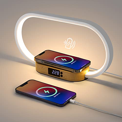 Lightess Nachttischlampe mit Ladefunktion, Tischlampen mit Uhr und USB-Aufladung, 10W Wireless Charger, Nachtlicht Touch Dimmbar 3 Farbmodi für Schlafzimmer von Lightess