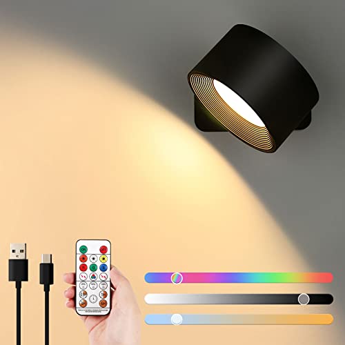 Lightess RGB LED Wandlampe mit Akku Wandleuchte Innen Dimmbar Fernbedienung & Touch Control 360°drehbar Wandlicht Batterie, 3-Farbtemperaturen für Wohnzimmer Schlafzimmer Flur kabellose wandleuchten von Lightess