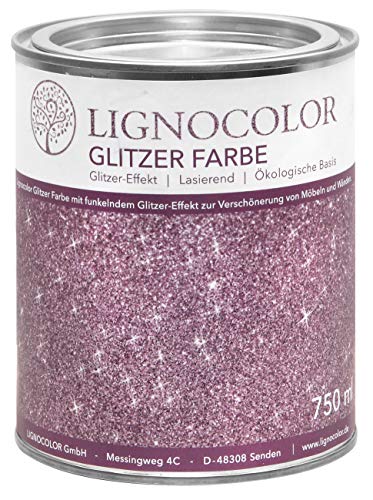 Lignocolor Glitzer Farbe (750 ml, Pink) Möbel und Wände in Glitter Optik, Effektfarbe Glitzereffekt, nicht deckend (transparent) – Made in Deutschland von Lignocolor