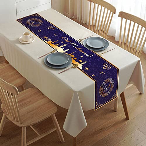 Eid Mubarak Tischläufer, Lila Ramadan Leinen Tischdecke Muslim Islamische Iftar Party Tischdecke Deko mit Gold Stern Mond Laterne Moschee für Zuhause Tischdeko Dinning Party Dekoration 13 x 72 Zoll von Lingqiang