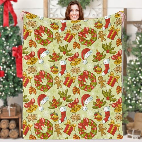 Weihnachtsdecke Geschenk 130x150 cm, Hell Grün Kranz Lebkuchenmann Kuscheldecke Decke Weihnachten Glock Plüsch Fleecedecke, Weich Flauschige Weihnachts Flanell Decke für Zuhause Sofa Weihnachtsdeko von Lingqiang