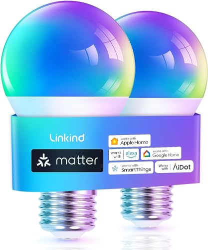 Linkind 2er Matter Smart Glühbirne E27 Alexa, 45 Szenen mit Musiksync, 16 Mio. Farben, 3-100% dimmbar A60 LED Smart Bulb kompatibel mit Siri/SmartThings/Google Assistant, Matter über 2.4GHz WiFi von Linkind