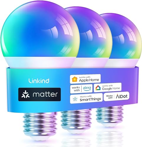 Linkind Matter Smart LED Birne E27, 9W RGBTW Glühbirne 1800-6500K Mehrfarbig, WLAN Birne 3-100% Dimmbar, Musik Sync, Kompatibel mit Alexa/Google Home/SmartThings, ersetzt 60W, 3 Stück von Linkind