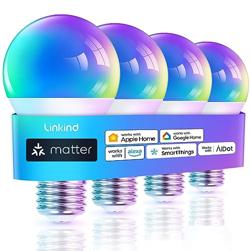 Linkind Matter Smart Lampe E27, Alexa Glühbirne RGBTW, 1800-6500K Mehrfarbige WLAN Intelligent Birne, Musik Sync, Kompatibel mit Siri/Google Home/SmartThings, 800Lm, ersetzt 60Watt, 4 Stück von Linkind