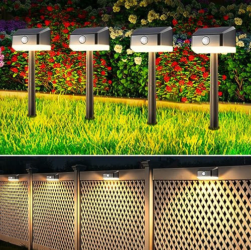 Linkind Solar Gartenlampen mit Bewegungsmelder, 3000K Warmweiß LED Solar Zaunleuchten, IP65 Wasserdicht, 2 in 1 Montage, Auto Ein/Aus 3 Leuchtmodi Außen Wegbeleuchtung, 4 Stück von Linkind