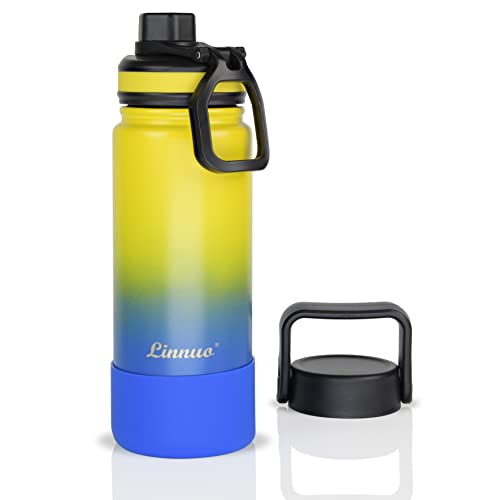 Linnuo Edelstahl Trinkflasche Kinder Sportflasche 600ml, Rutschfester Silikonboden mit 2 Deckel, Auslaufsichere Isolierflasche doppelwandig Thermoflasche für Fitness, Outdoor (Gelb-Blau) von Linnuo