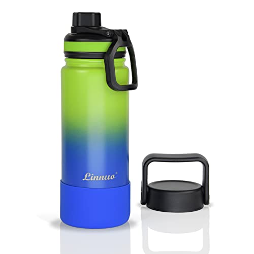 Linnuo Edelstahl Trinkflasche Kinder Sportflasche 600ml, Rutschfester Silikonboden mit 2 Deckel, Auslaufsichere Isolierflasche doppelwandig Thermoflasche für Fitness, Outdoor (Grün-Blau) von Linnuo