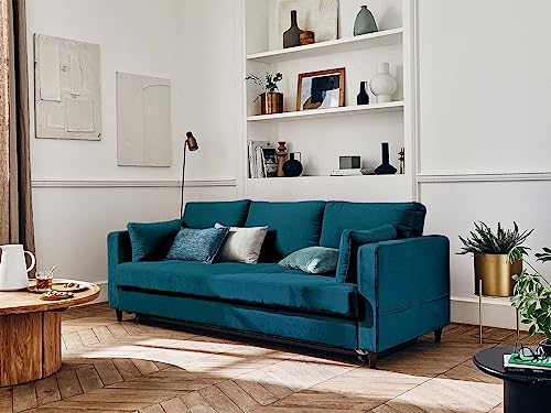 Lisa Design Anna – 3-Sitzer Sofa – mit Schlaffunktion und Tasche – aus Samt Entenblau von Lisa Design