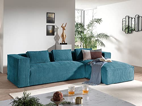 Lisa Design - Ecksofa Stella, L-Form 4-Sitzer Couch aus Samt mit Ottomane rechts - Entenblau von Lisa Design