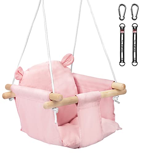 Littleboyny Schaukel für Baby Kinder mit Sicherheitsgurt Edelstahl Karabiner Weichen Kissen bis 50kg Zulässig Längenverstellbaren CE Rosa Bär-Muster für Garten In- Outdoor von Littleboyny