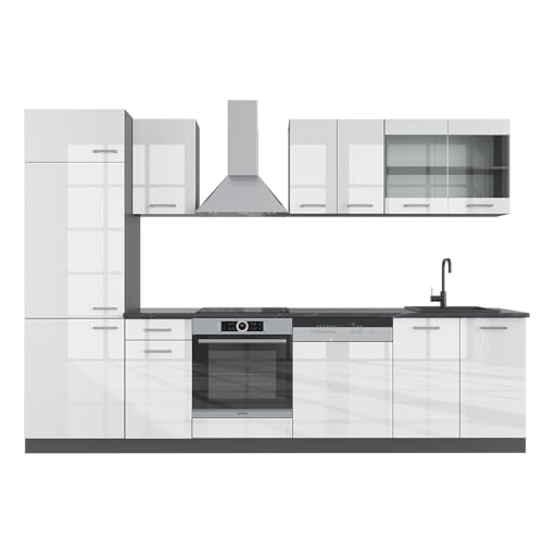 Livinity Küchenzeile R-Line, Weiß Hochglanz/Anthrazit, 300 cm, AP Eiche von Livinity