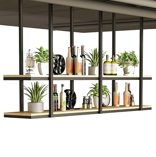 Deckenregal Hängend Küche Bar Deckenhänger aus Holz – 2-lagige hängende Küchenregale， mit Metallrahmendekorationen, Ausstellungsregalen, Weinhalter, Blumentopfständer für Zuhause, Balkon, Wohnzimmer von Liyadolaam