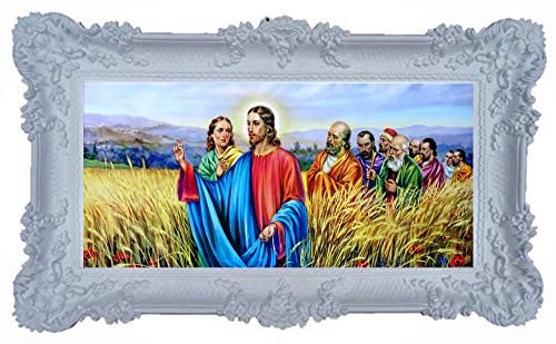 Heiligenbild Jesus mit seinen Jüngern im Kornfeld Sakralmalereien Ikonen Bild 96x57cm Repro Barock Antik Look gerahmtes Gemälde mit Ornamentverziehrungen in den Rahmen montiert (Weiß) 75B von Lnxp