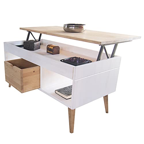 LoMasCasa Karla Couchtisch, höhenverstellbar, mit zentraler Schublade, aus massivem Kiefernholz in Weiß und Holz, konische Füße, Maße: 100 x 50 x 47 cm von LoMasCasa