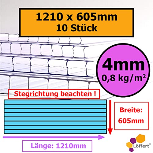 4mm | 10 Stück | 1210x605mm | Löffert® Gewächshausplatten | 800g/m² Polycarbonat | Stegplatte | 4mm 6mm 8mm 10mm | alle Standard-Größen von Löffert Kunststoffe