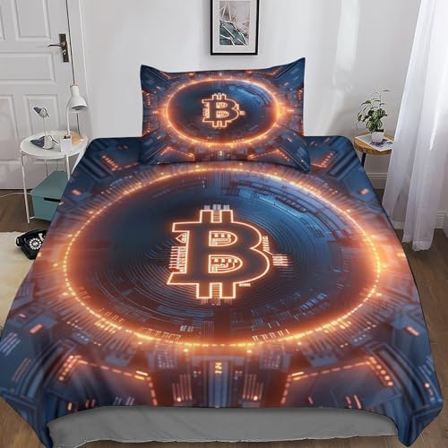 LohxA Bitcoin 3D Bettwäsche Bettwäsche Set Microfaser Kinder Erwachsene, Bettbezug Und Kissenbezug Weich Haltbar Atmungsaktive Single（135x200cm） von LohxA