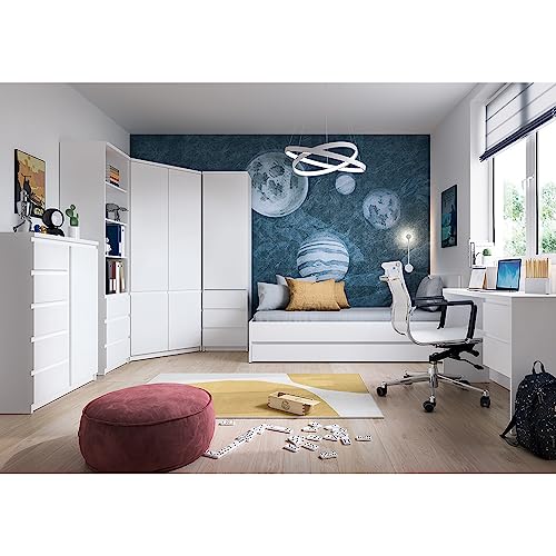 Lomadox Jugendzimmer Komplett Set mit Bett 120x200, Schreibtisch, Eckkleiderschrank, Highboard, Regal, Schrank, Bettschublade in weiß modern von Lomadox