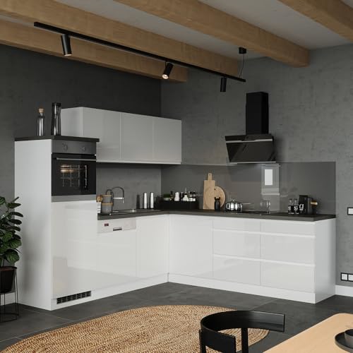 Lomadox Küche Küchenzeile Winkelküche 240/240cm, inkl. E-Geräte, in Hochglanz weiß, Arbeitsplatte Betonoptik von Lomadox