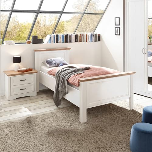 Lomadox Schlafzimmermöbel Set 2-teilig mit Bett 100x200cm, Nachttisch in Pinie weiß mit Eiche Landhaus von Lomadox