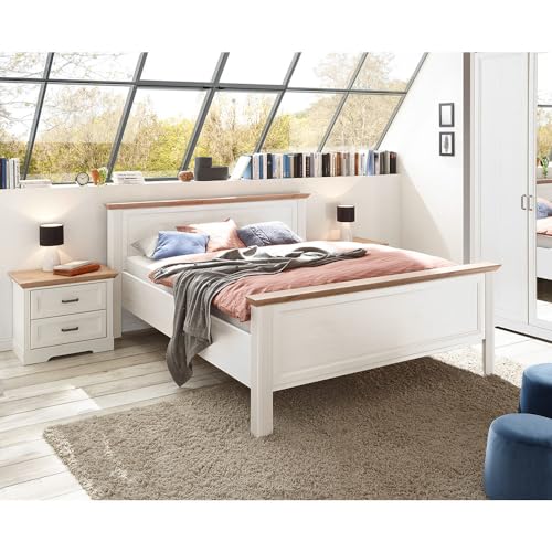 Lomadox Schlafzimmermöbel Set 3-teilig mit Bett 160x200cm, 2X Nachttisch in Pinie weiß mit Eiche Landhaus von Lomadox