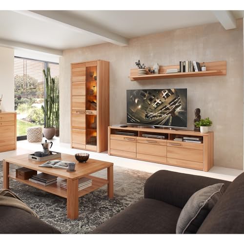 Wohnwand Wohnzimmermöbel inkl. Beleuchtung Vitrine Wandboard TV Lowboard Couchtisch, Front Kernbuche massiv von Lomadox