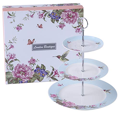 London Boutique Etagere für Nachmittagstee, Porzellan, Vogel-Rose, Schmetterling, in Geschenkbox, Blau von London Boutique