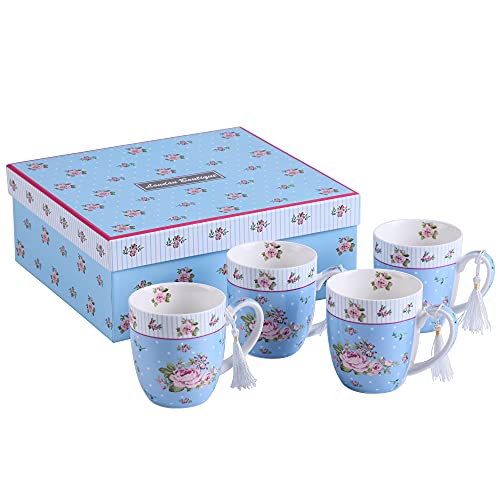 London Boutique k414, roséblau Kaffeetassen-Set aus feinem Porzellan, Shabby-Chic, Vintage-/Retro-Stil, Flora, Geschenk für sie, 330 ml, Rosenblau, 4 Stück, Keramik, Rose Blue von London Boutique