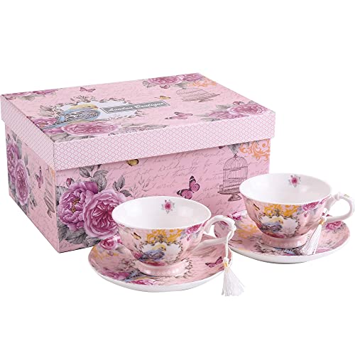 London Boutique Set aus Kaffee-/Teetassen und Untertassen, Shabby Chic, Vintage-Design, Porzellan mit Blumenmuster, 2 Sets in Geschenk-Box, Keramik (Cuckoo) von London Boutique