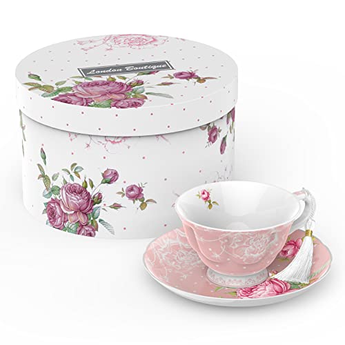 London Boutique Teetasse und Untertassen-Set, 1 Nachmittagstee-Set, Knochenporzellan, Vintage-Flora-Geschenkbox, 200 m (Rosa) von London Boutique