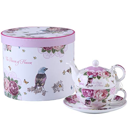 Teekannen für eine Tasse Teekanne-, Tasse- und Untertasse-Set für eine Person im Vintage-Stil, mit Rosen- und, Porzellan, in Geschenkbox 15x15cm Bird Rose Butterfly (Vogel Rose Schmetterling) von London Boutique
