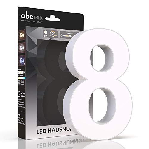 abcMIX LED Hausnummer, personalisierbare beleuchtete Hausnummer, Hausnummernleuchte mit LED - Hausnummer 8, Farbe WEIß, Lichtfarbeneinstellung, Dimmbarkeit von LongLife LED GmbH by HK