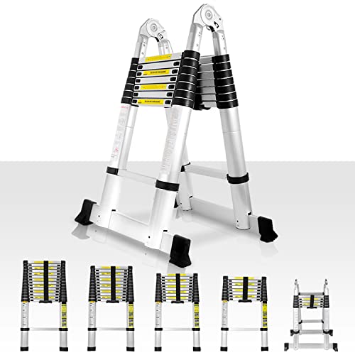 Lospitch 5M Alu Teleskopleiter,Teleskop Klappleiter mit Tragegriff,Mehrzweckleiter,Ausziehbar Teleskopleiter Bockleiter mit Rutsch-Gummi Stahl-Sicherungsstiften Maximale Tragfähigkeit 150kg… von Lospitch