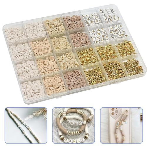 Lotbun 2064 Stück Perlen für Armbänder, 6mm Heishi Perlen Set, Clay Perlen Set, Clay Beads Set, Polymer Clay Perlen, Armbänder Selber Machen mit Buchstaben von Lotbun