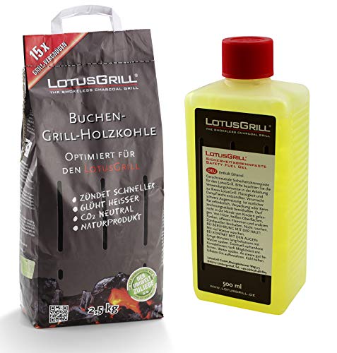 LotusGrill Buchenholzkohle 2,5 kg Sack inkl. LotusGrill Brennpaste 500 ml, beides entwickelt für raucharmes Grillen mit dem LotusGrill von LotusGrill