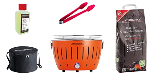 LotusGrill S Small Kompakt Starter-Set Mandarinenorange raucharme Holzkohlegrill mit 2,5 kg Buchenholzkohle, 200 ml Brennpaste, 1x Zange (Farbe nach Vorrat), 1x Tasche. Stromversorgung USB/Powerbank von LotusGrill