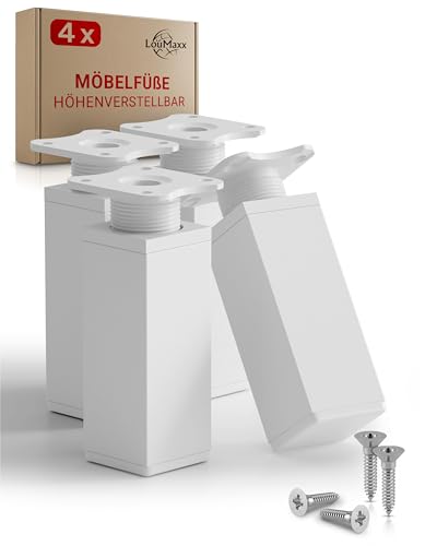LouMaxx Möbelfüße verstellbar eckig– 4er Set 40x40x100mm in Weiß inkl. Befestigungsplatte – Füße für Möbel aus Aluminium – Hochwertige Schrankfüsse für individuelle DIY-Möbel von LouMaxx