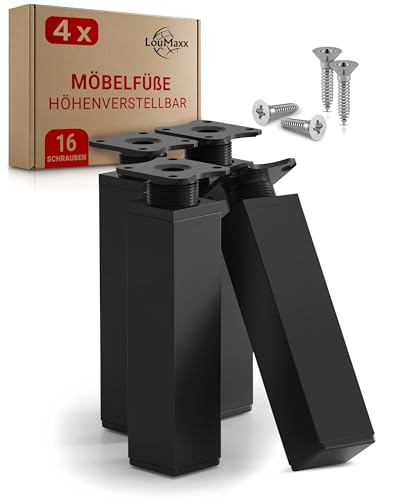 LouMaxx Möbelfüße verstellbar eckig– 4er Set 40x40x150mm in Schwarz inkl. Befestigungsplatte – Füße für Möbel aus Aluminium – Hochwertige Schrankfüsse für individuelle DIY-Möbel von LouMaxx