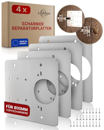 LouMaxx Scharnier Reparaturset – 4er Set Scharnierreparaturplatte aus Edelstahl mit Schrauben – universelle Reparaturplatte für Scharniere bei lockeren Ø35mm-Möbelscharnieren aller gängigen Fabrikate von LouMaxx