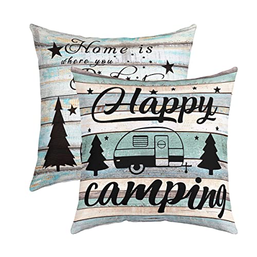 Loussiesd Glückliche Camping Kissenbezüge 2er Set Weiche Camper Kissenhülle Für Wohnzimmer Schlafzimmer Cartoon Camping Auto Dekorative Rustikale Holz Dekokissen für Sofa Stuhl Kissenbezug 45x45cm von Loussiesd