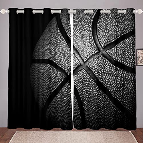 Loussiesd Schwarz Basketball Blickdichte Vorhänge Jungs Kinder Sportthema Fenstervorhang 245x140cm 3D Basketball Muster Vorhänge Jugendliche Männer Mikrofaser von Loussiesd