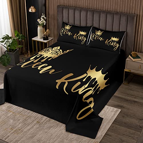 Loussiesd und Bettüberwurf Krone Muster Tagesdecke 240x260cm für Kinder Jungs Mädchen Jugendliche Zimmer Dekor Modern Steppdecke Gold Grau Schwarz Wohndecke 3Stück Doppelbett Gesteppt von Loussiesd