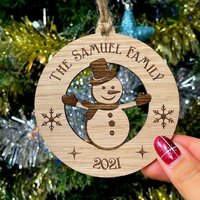 Personalisierte Familie Schneemann Weihnachten Xmas - Baum Dekoration/Christbaumkugel Ornament Holz Graviert Eiche, Kirsche Oder Nussbaum Geschenk von LovebyLaser