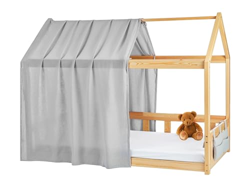 Lovely Hippo Hausbett Himmel Deko-Set für Kinderbett mit Baldachin, Bettwäsche aus Baumwollmusselin für Kinderbett bis 3,7m Länge – Kinderzimmerdekoration (Modell 1 + Tasche, Grau), PAToile1 von Lovely Hippo